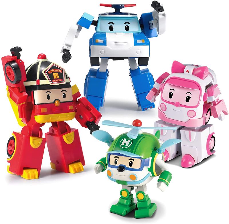 Photo 1 of [4 Pack] Robocar Poli Poli + Amber + Roy + Helly Transforming Robot, 4" Transformable Action Toy Figure Exclusive Bundle Pack Gift
