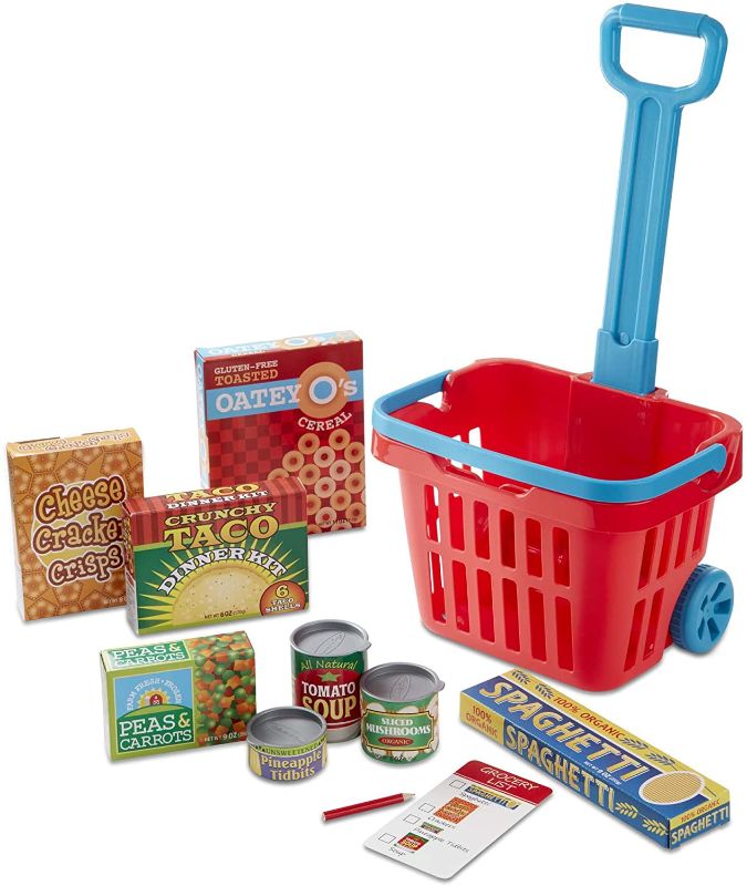 Photo 1 of Melissa & Doug Fill and Roll Grocery Basket Play Set With Play Food Boxes and Cans 
