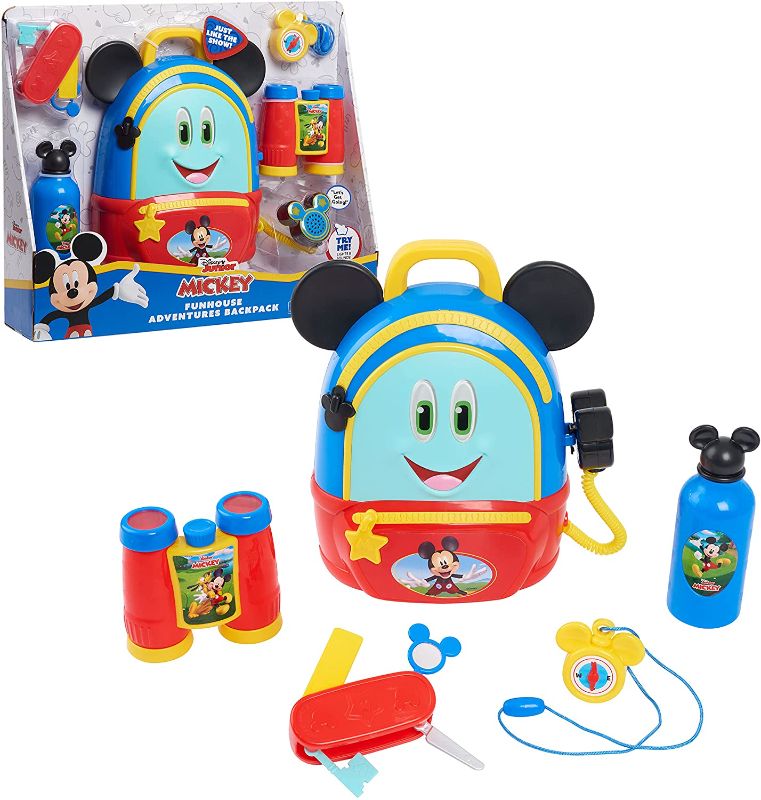 Photo 1 of Disney Junior Mickey Mouse Funhouse Adventures Backpack, 5 Piece Pretend Play Set with Lights and Sounds Accessories, by Just Play
