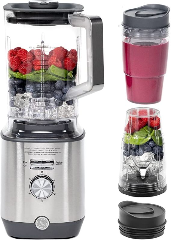 Photo 1 of GE 5-Speed Blender + (2) 16 Ounce Blender Cups | Kitchen Essentials Blender for Shakes, Smoothies & More | Large 64 oz Tritan Jar, 8-10 Servings | Stainless Steel Blades & Exterior Finish | 1000 Watts
