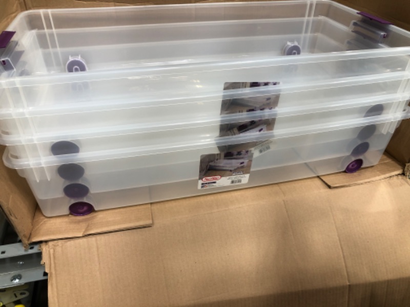 Photo 2 of (SCRATCHED LID TOP)
Sterilite 15 Gallon Wheeled Underbed Plastic Storage Box, Clear and Purple, 4 Count
