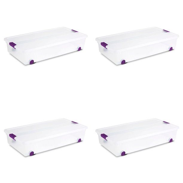 Photo 1 of (SCRATCHED LID TOP)
Sterilite 15 Gallon Wheeled Underbed Plastic Storage Box, Clear and Purple, 4 Count
