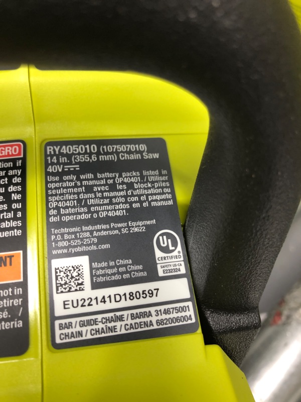 Photo 4 of ***FACTORY SEALED*** RYOBI 40-Volt HP Brushless 14 in. Electric Cordless Chainsaw (Tool Only) RY405010 (Bulk Packaged)