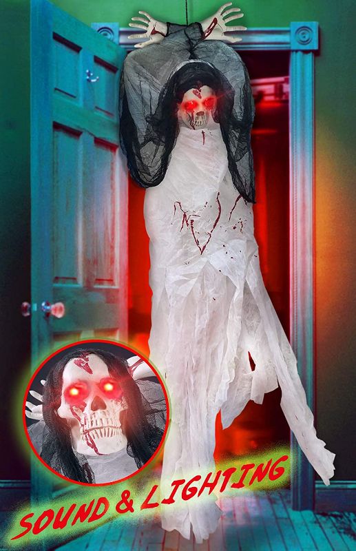 Photo 1 of 5Ft Halloween Decorations Hanging Ghost Scary Prop Skull Outdoor Indoor Large Animated Life-size with Red Eyes and Creepy Shrilling Sound Grim Reaper with Bendable Arms for Haunted House Party Favor
