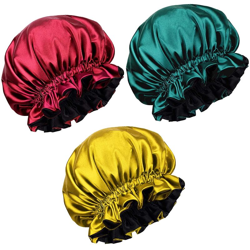 Photo 1 of 3 Pieces Reversible Satin Bonnet Hair Caps Double Layer Adjust Sleep Night Cap Head Cover Hat For Curly Springy Hair Styling
