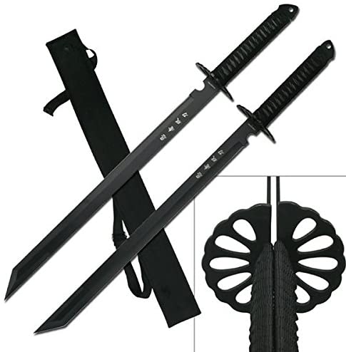 Photo 1 of KCCEDGE BEST CUTLERY SOURCE 2PC Combo Full Tang 28in Tanto Ninja Katana Twin Sword Machete w/Nylon Sheath + Black Chinese Engraved on Blade Edition