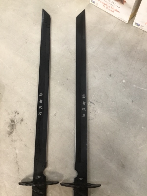 Photo 1 of KCCEDGE BEST CUTLERY SOURCE 2PC Combo Full Tang 28in Tanto Ninja Katana Twin Sword Machete w/Nylon Sheath + Black Chinese Engraved on Blade Edition