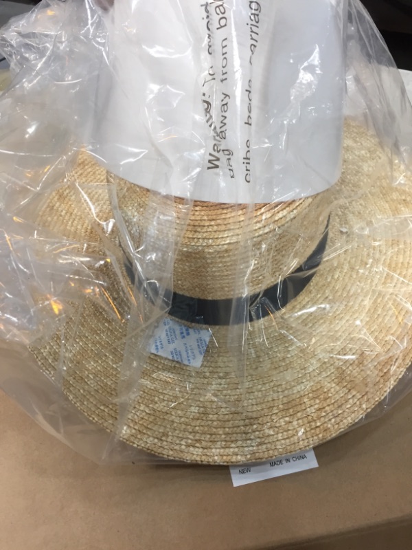 Photo 2 of FEMSÉE Straw Beach Hat - Sun Hats for Women and Men Flat Top Classic Boater Hat