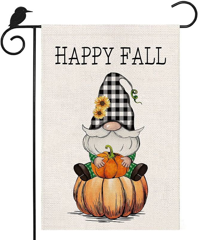 Photo 1 of 4 pc Happy Fall Garden Flag, Buffalo Plaid Gnomes Pumpkin Sunflowers Yard Sign 12 x 18 inch