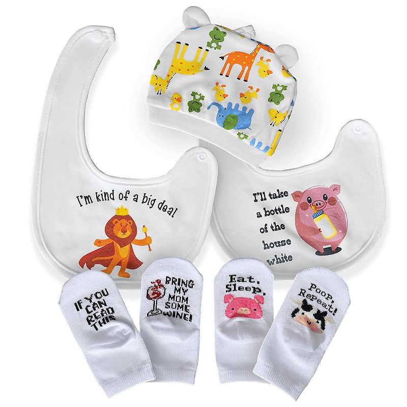 Photo 1 of Baby Gift Set for Baby Boys & Girls – Newborn Baby Socks, Baby Bibs, & Baby Hat – Cute and Funny Baby Shower Gifts, Baby Items, Unisex Newborn Baby Clothes, Baby Registry Search
