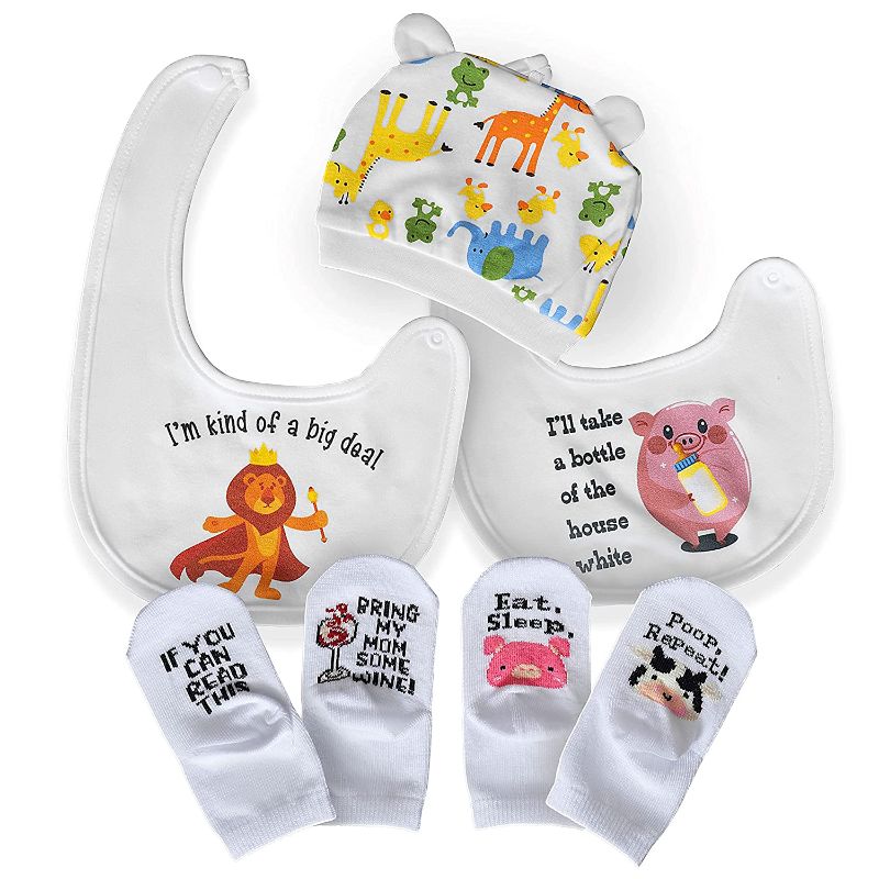 Photo 1 of  Baby Gift Set for Baby Boys & Girls – Newborn Baby Socks, Baby Bibs, & Baby Hat – Cute and Funny Baby Shower Gifts, Baby Items, Unisex Newborn Baby Clothes, Baby Registry Search
