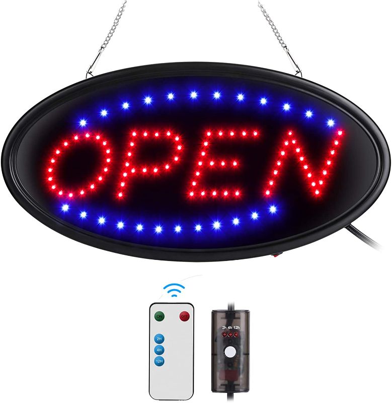 Photo 1 of LED Open Sign with Remote, 19x10inches Ultra Bright Electric Light Up Signs for Business, Timing Function, 2 Lighting Modes Flashing & Steady, Advertisement Board for Store, Bar, Hotel, Cafe
