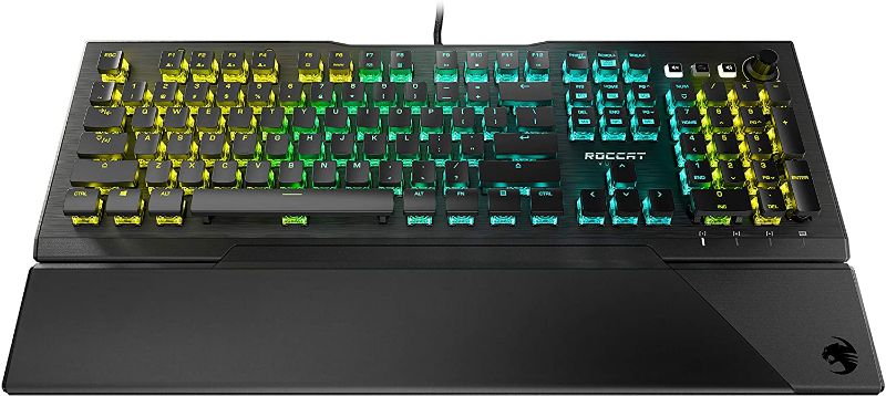 Photo 1 of ROCCAT Vulcan Pro Linear Optical PC Gaming Keyboard, Titan Switch Full Size with Per Key AIMO RGB Lighting, Anodized Aluminum Top Plate and Detachable Palm/Wrist Rest, Low Profile, Black
**LOWER PAD CAME OFF, GREAT WORKING CONDITION**
