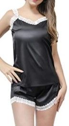 Photo 1 of Women's Satin Pajamas Set Sleepwear Silk Sexy Lace Strap Night Wear with Short Panties 2 Piece (Small)