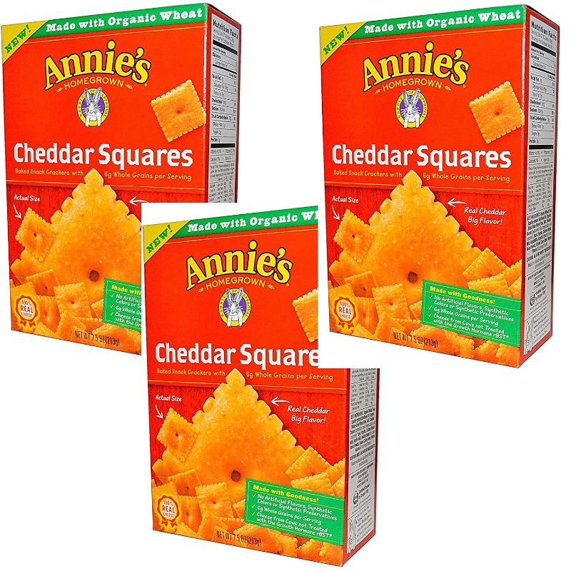 Photo 1 of *NON REFUNDABLE*
*EXPIRES Feb 25 2022* 
Annie's Homegrown Cheddar Squares Organic Wheat 7.5 Oz. (3 Packs)
