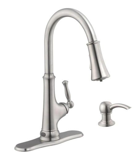 Photo 1 of *USED*
*MISSING soap dispenser*
Glacier Bay Touchless LED Single-Handle Pull-Down Sprayer Kitchen Faucet with Soap Dispenser in Stainless Steel