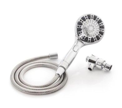 Photo 1 of *shower head seems USED*
*refer to stock picture for MISSING piece*
Glacier Bay Push Release 6-Spray Patterns with 1.8 GPM 4.25 in. Wall Mount Handheld Shower Head in Chrome