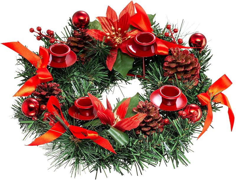 Photo 1 of 12 Inch Christmas Advent Wreath 4 Candles Holder Christmas Table Centerpiece Decorations with Golden Pinecone, Ribbon, Glitter Poinsettia, Berry, Ball, Season Decoration (Red)
