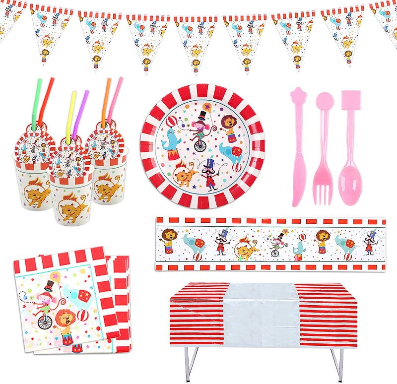 Photo 1 of  2 PACK
Gxhong Carnival Theme Party Decorations Supplies Circus Animals Birthday Party Bundle Tableware Party Kit for Kids Baby Shower Party Decor School Party Daily Favor Set Serves 6 Guests
