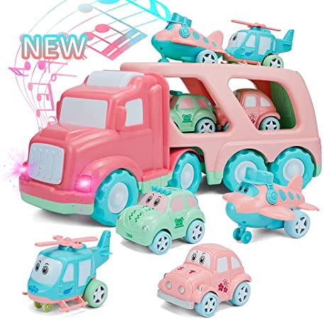 Photo 1 of Cartoon Vehicles Playset Carrier Car Toy Set Truck Transport Car, Pink Toy for Girl Toddler Kid, With Light and Sound, Large Transport Truck, Small Helicopter, Airplane, Taxi, Car, 5 in 1 Playset