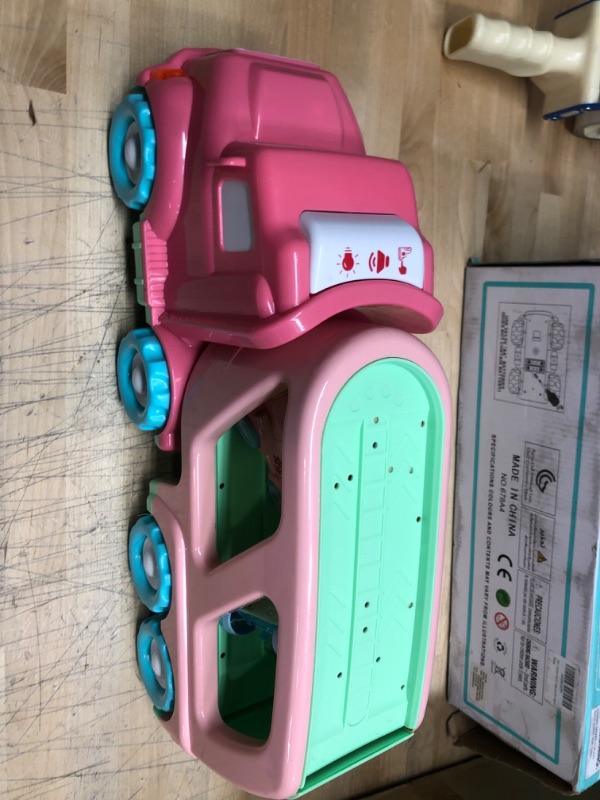 Photo 2 of Cartoon Vehicles Playset Carrier Car Toy Set Truck Transport Car, Pink Toy for Girl Toddler Kid, With Light and Sound, Large Transport Truck, Small Helicopter, Airplane, Taxi, Car, 5 in 1 Playset