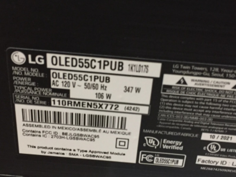 Photo 4 of ***missing remote and manual***
LG OLED C1 Series 55” Alexa Built-in 4k Smart TV (3840 x 2160), 120Hz Refresh Rate, AI-Powered 4K, Dolby Cinema, WiSA Ready, Gaming Mode