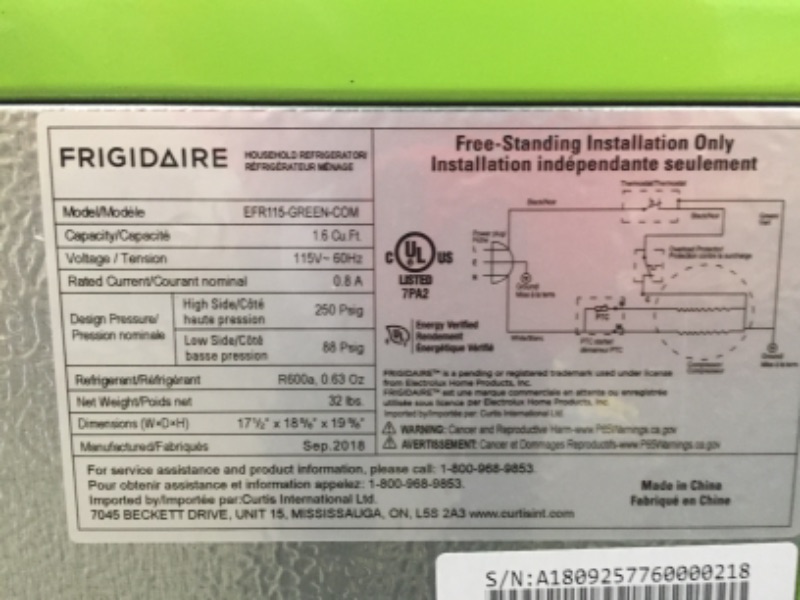 Photo 2 of Frigidaire EFR115-GREEN 1.6 Cu Ft Compact Fridge for Office, Dorm Room, Mancave or RV, Green
