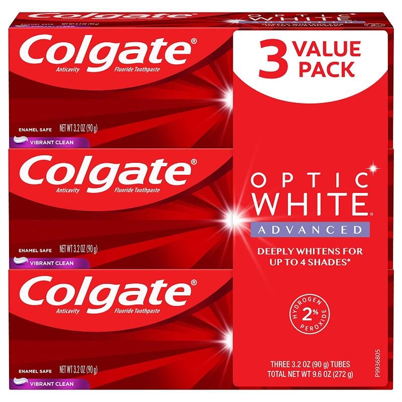 Photo 1 of 
Colgate Optic White Advanced Teeth Whitening Toothpaste with Fluoride, 2% Hydrogen Peroxide, Vibrant Clean - 3.2 Ounce (3 Pack)
EXP 03/2022