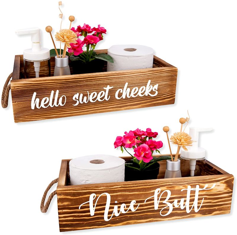 Photo 1 of ***ONLY ONE TRAY*** Nice Butt Bathroom Decor Box, Hello Sweet Cheeks Toilet Paper Holder - Rustic Farmhouse Handmade Wooden Decoration Tray for Portable Counter Storage, Baby Diaper Caddy, Tissues Organizer Gifts (Brown)
