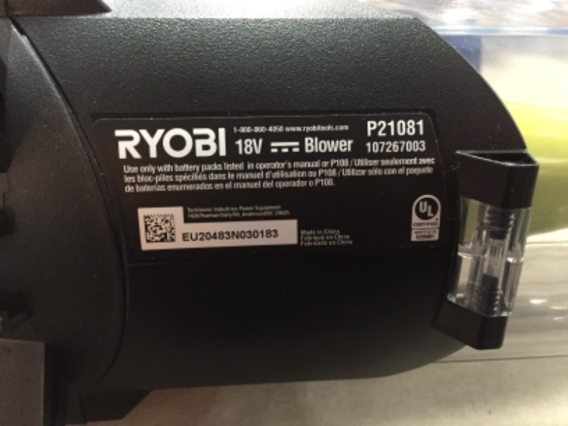 Photo 2 of RYOBI
ONE+ 18V 100 MPH 280 CFM Cordless Battery Variable-Speed Jet Fan Leaf Blower (Tool Only)