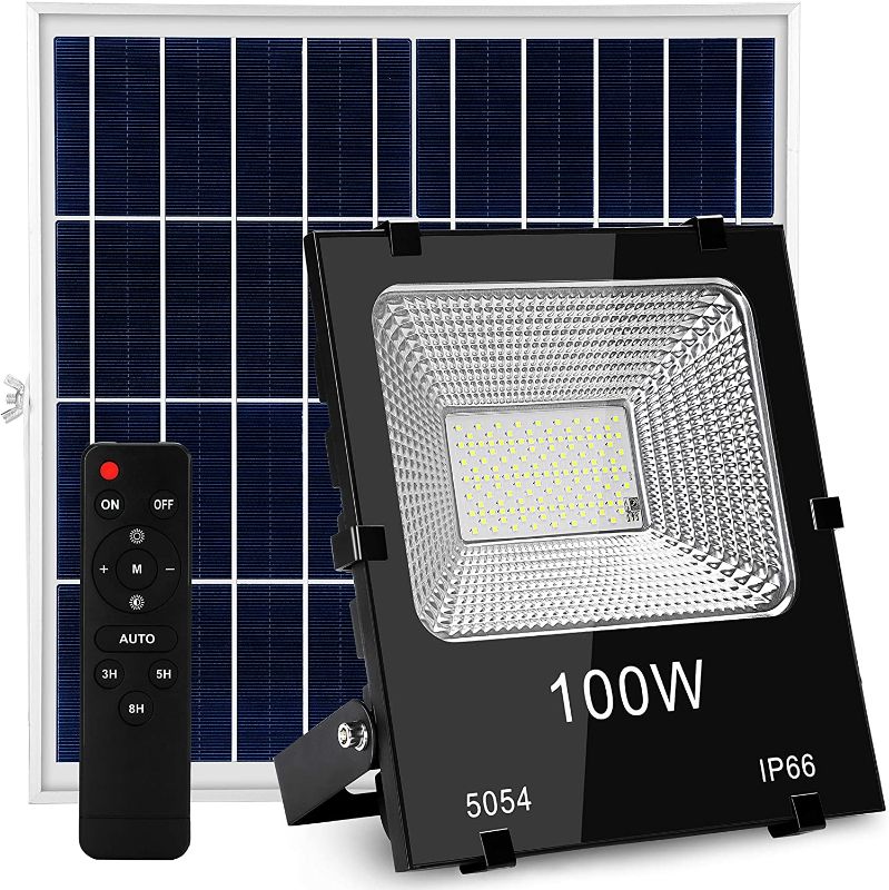 Photo 1 of 100W LED Solar Flood Light Outdoor Dusk to Dawn Street Lights with Remote Control 6000LM Daylight White 6000K Waterproof IP66 Security Light for Building Yard Garden Pathway