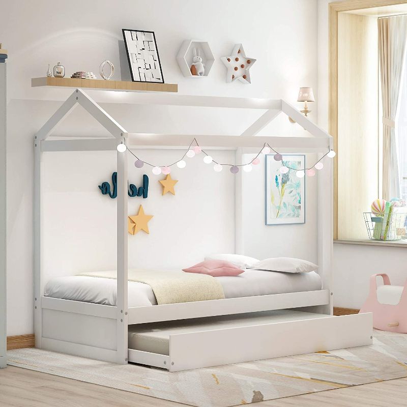 Photo 1 of **BOX 2 OF 2** Merax House Bed with Trundle, Twin Size Wood Bunk Bed Frame Can be Decorated for Girls, Boys
