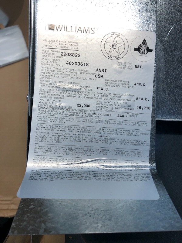 Photo 3 of *READ BELOW* WILLIAMS 22,000 BTU, 67% AFUE, Direct-Vent Wall Furnace, Top Air Outlet, Natural Gas, No Electricity Required
