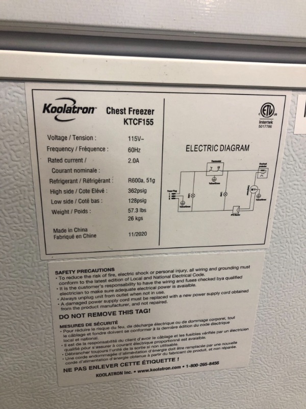 Photo 5 of *READ BELOW* Koolatron Ktcf155 5.5 Cubic Foot (155 Liters) Chest Freezer with Adjustable Thermostat White
