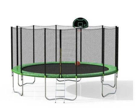 Photo 1 of *READ BELOW* 16 ft. Outdoor Green Trampoline with Safety Enclosure Net and?Ladder, Spring Cover Padding, Basketball Hoop
