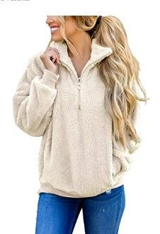 Photo 1 of MEROKEETY Women's Long Sleeve Contrast Color Zipper Sherpa Pile Pullover Tops Fleece Sweatshirt With Hood
medium White