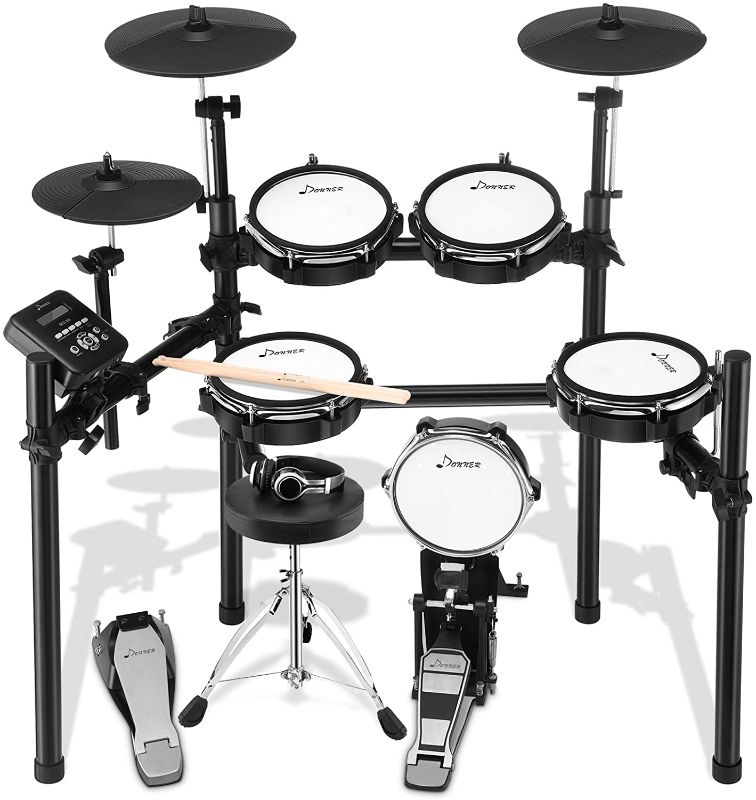 Photo 1 of Electric Drum Set, Donner DED-200 Mesh Head 8 Piece Electronic Drum Kit with 225 Sound , Electric Drum for Beginner, Drum Throne, Sticks Headphone?Audio Cable Included, More Stable Iron Metal Support
