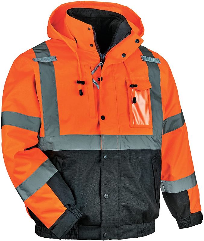 Photo 1 of High Visibility Reflective Winter Bomber Jacket, Black Bottom, Zip Out Fleece Liner, ANSI Compliant, Ergodyne GloWear 8381, Orange, Small
