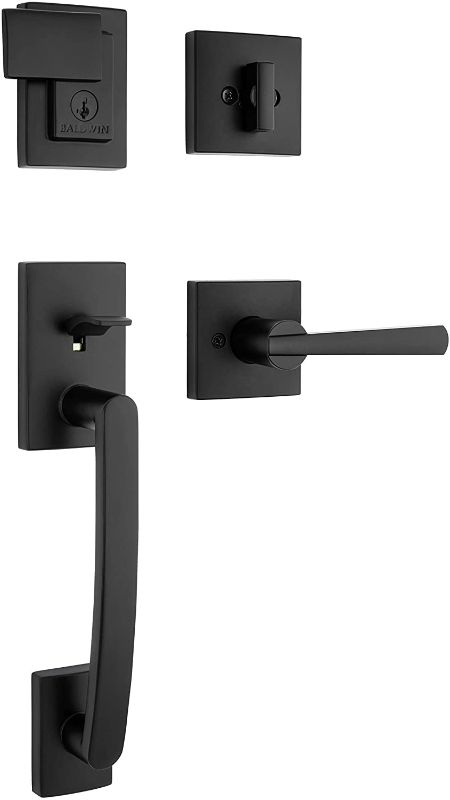 Photo 1 of Baldwin Spyglass Single Cylinder Front Door Handleset Featuring Microban Antimicrobial Protection and SmartKey Security in Matte Black, Prestige Series Slim Door Handleset and Square Lever
