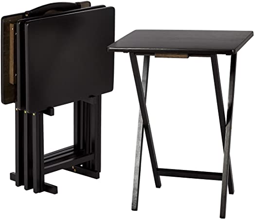 Photo 1 of **ONE TABLE HAS A BROKEN LEG ***Amazon Basics Classic TV Dinner Folding Trays with Storage Rack, Black - Set of 4
