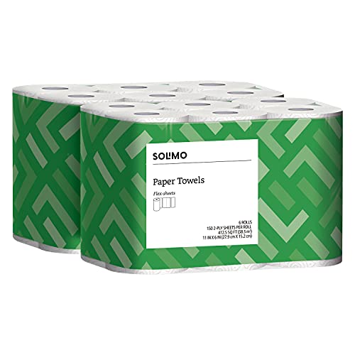 Photo 1 of Amazon Brand - Solimo Basic Flex-Sheets Paper Towels, 12 Value Rolls, White, 150 Sheets per Roll