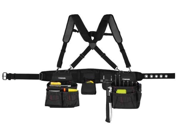 Photo 1 of (PAINT STAINS)
Husky 2-Bag 18 -Pocket Black Framer's Suspension Rig Work Tool Belt with Suspenders