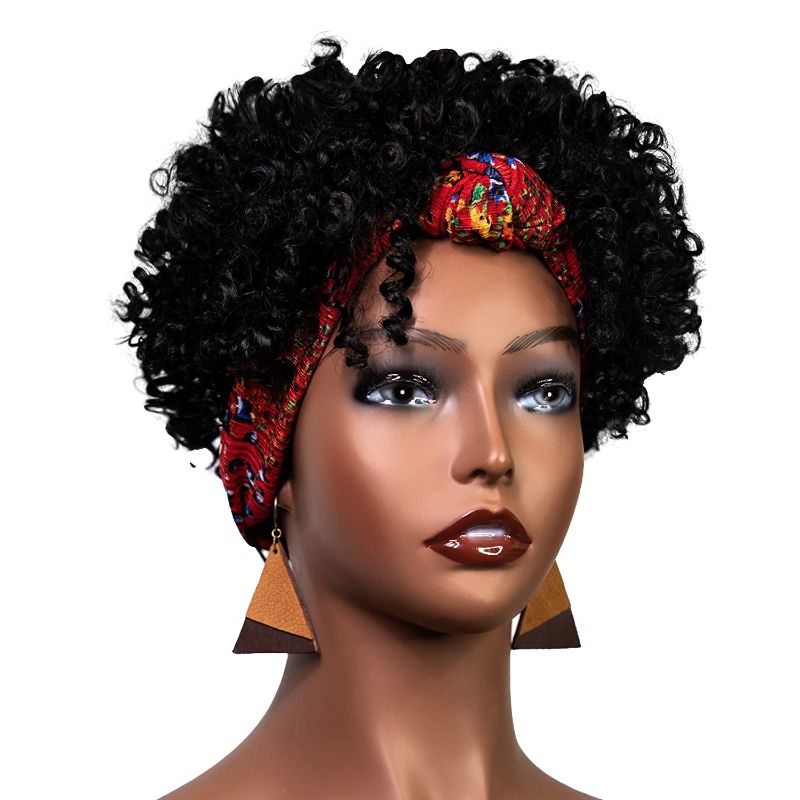 Photo 1 of Adotkit Black Short Tight Afro Curly Red Headband Wig Hair Synthetic Short Wigs For Black Women Synthetic Heat Resistant Fiber Wig Hair For Daily Wear (7.5 Inches)
