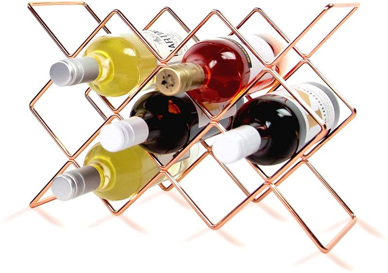 Photo 1 of Villa & Marx Countertop Wine Rack - Freestanding 10 Bottle Metal Wine Holder, Wine Storage Solution with Elegant Box, Wine Racks Countertop, Tabletop Wine Rack in Geometric Design (Rose Gold)
