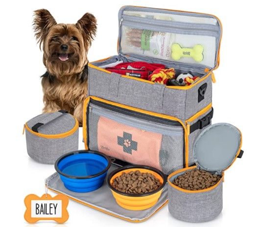 Photo 1 of Dog Travel Bag Week Away/Overnight Accessories Organizer - Pet First Aid Pouch Airline Approved 2 Food Storage Containers and Collapsible Bowls Water Resistant for Small, Medium & Large Dogs
