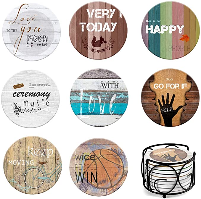 Photo 1 of Funsmore Coasters for Drinks Absorbent with Holder, Coaster Set of 8 Pieces Round Cork-Backed Coaster Set Housewarming Gifts Absorbent Drink Coasters with Holder for Home Decor
