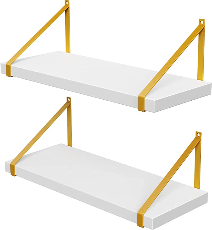 Photo 1 of AMADA HOMEFURNISHING Floating Shelves White and Gold, Wall Shelf for Bathroom/Living Room/Bedroom/Kitchen, Shelves with Gold Brackets 2 Sets - AMFS11
