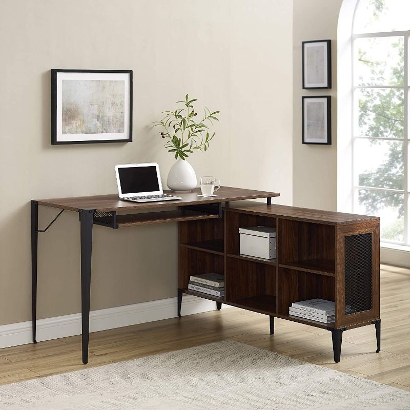 Photo 1 of Walker Edison TAFT Urban Industrial Multi Level L Shaped Desk with Keyboard Tray, 52 in, Dark Walnut
