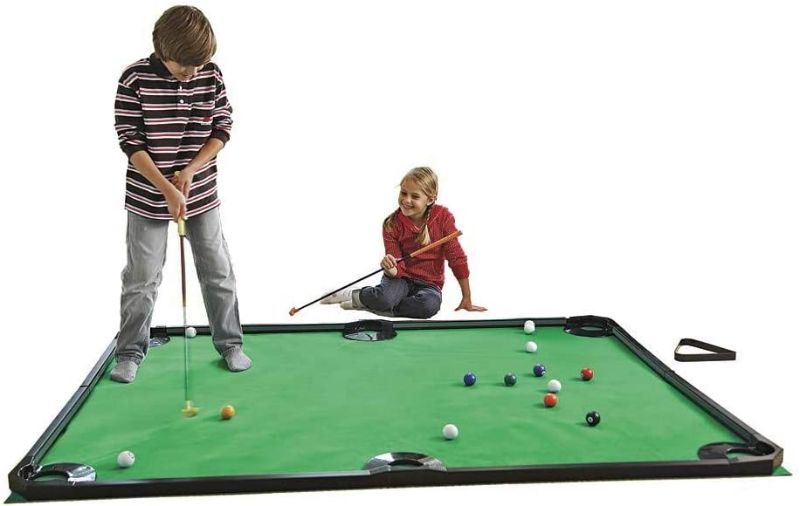 Photo 1 of HearthSong Golf Pool Indoor Family Game-Includes Two Golf Clubs, 16 Golf Balls, Six Pockets, Green Mat, and Rails
