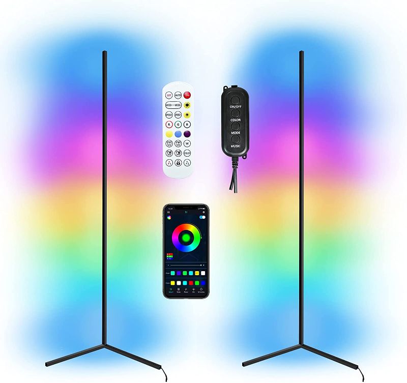 Photo 1 of 59'' Tall RGB Color Changing Corner Floor Lamp with Remote, Minimalist LED Standing Night Light Stick, Music Sync 3000lm High Bright Design for Living Room Bedroom(2 Pack)
 powers on